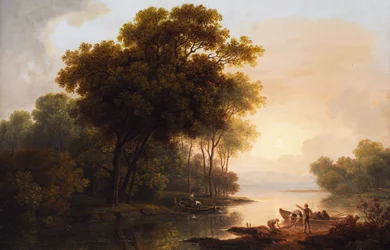 Boomlandschap met uitzicht op een oever in mistig avondlicht